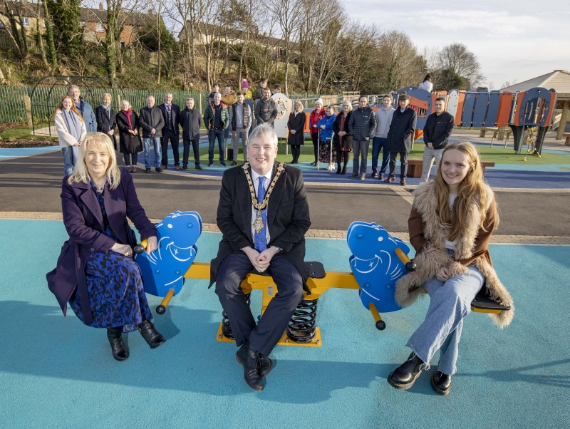 Rossmar School Principal Caroline Clements, the Mayor of Causeway Coast and Glens Borough Council Councillor Richard Holmes and Sally Brown, pictured with some of those who attended the official opening of Limavady Accessible Play Park.