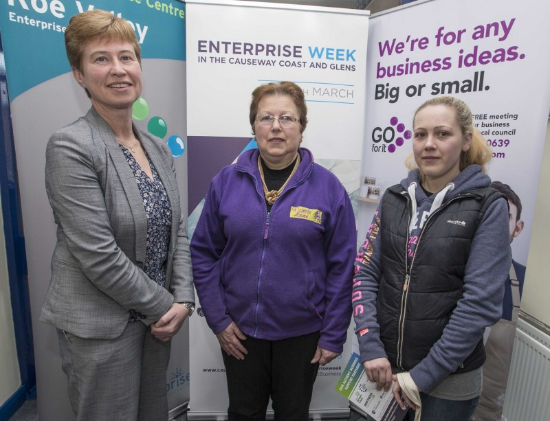 Rhonda Mc Clelland from Ulster Bank pictured with Daphne Wilson and Victoria Wilson from Wisteria Lane at Roe Valley Enterprises agency as part of Enterprise Week.