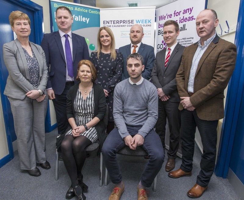 Pictured at the ‘Financing the Business’ event in Roe Valley Enterprises Agency are Rhonda Mc Clelland, Ulster Bank, Donal Leahy, Enterprise NI, Gillian Cowan, Danske Bank, Peter Doherty, Bank of Ireland, James Kilgore, Danske Bank, Martin Devlin, Roe Valley Enterprises Ltd, Janice Tracey, Causeway Coast and Glens Borough Council and  Liam Hinphey, Causeway Coast and Glens Borough Council.