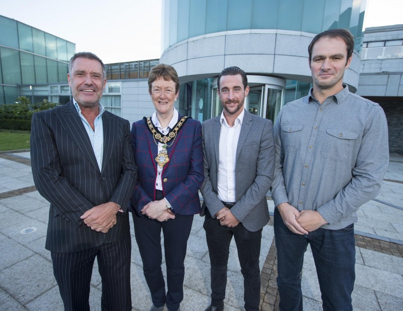George McAlpin, Gareth Barton and Alistair Cooper pictured with the Mayor of Causeway Coast and Glens Borough Council, Councillor Joan Baird OBE following a civic reception held in their honour.