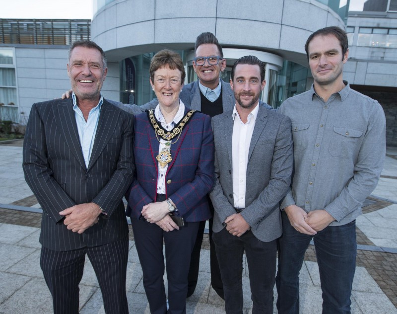 George McAlpin, Gareth Barton and Alistair Cooper pictured with the Mayor of Causeway Coast and Glens Borough Council, Councillor Joan Baird OBE and Alan Simpson following a civic reception held in their honour.