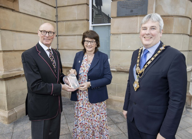 Bann Rowing Club Captain Keith Leighton, Sandra Adair, NI representative of QAVS scheme, and the Mayor of Causeway Coast and Glens Borough Council Councillor Richard Holmes pictured at Coleraine Town Hall for the presentation of the Queen’s Award for Voluntary Service to Bann Rowing Club