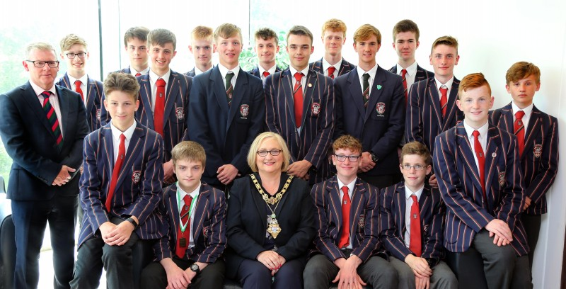 Coleraine Grammar School Boys’ Rowing Team pictured with the Mayor of Causeway Coast and Glens Borough Council, Councillor Brenda Chivers and school principal Dr David Carruthers.