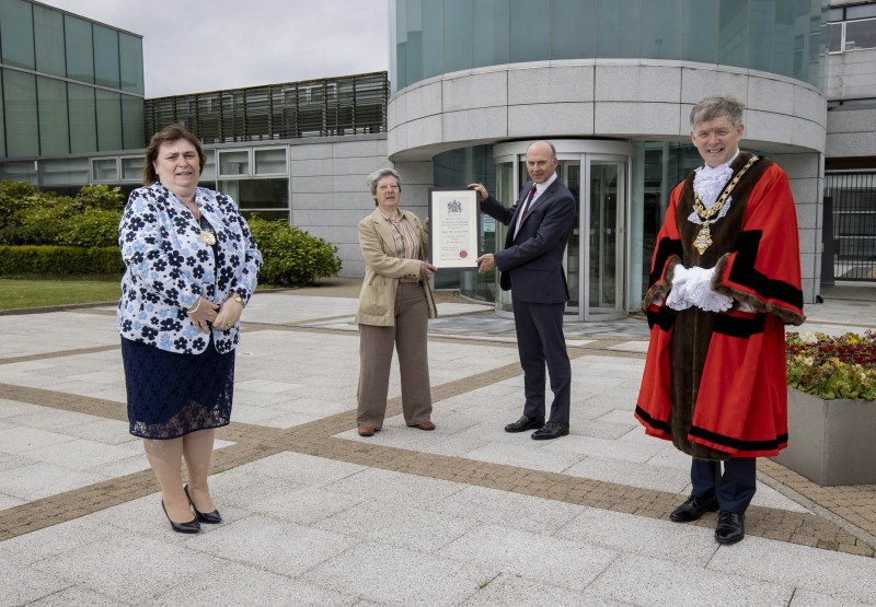 Kath Stewart-Moore, President of the Ladies branch and Dr Ian Kerr, Captain of Royal Portrush Golf Club, pictured with the Mayor of Causeway Coast and Glens Borough Council Alderman Mark Fielding and Mayoress Mrs Phyliss Fielding, following the Freedom of the Borough ceremony held in Cloonavin on Friday 21st May 2021.