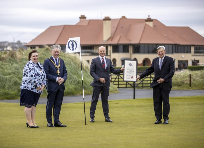Pictured at Royal Portrush Golf, which received the Freedom of the Borough from Causeway Coast and Glens Borough Council on Friday 21st May 2021 are (left-right), the Mayoress Mrs Phyliss Fielding, Mayor, Alderman Mark Fielding, Captain Dr Ian Kerr and David McCorkell, Lord Lieutenant for County Antrim.