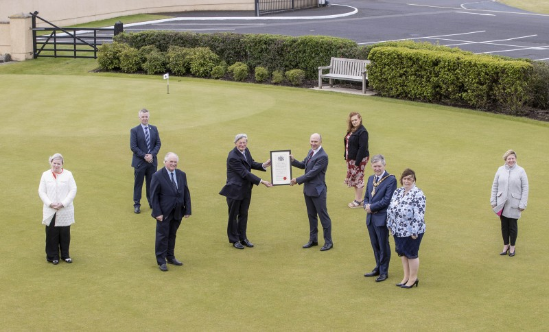 Pictured at Royal Portrush Golf which received the Freedom of the Borough from Causeway Coast and Glens Borough Council on Friday 21st May 2021 are David McCorkell, Lord Lieutenant for County Antrim, Dr Ian Kerr, Captain, the Mayor of Causeway Coast and Glens Borough Council Alderman Mark Fielding, Mayoress Mrs Phyliss Fielding and elected members of Causeway Coast and Glens Borough Council, (Alderman Norman Hillis, Councillor Michelle Knight-McQuillan, Councillor John McAuley, Councillor Ashleen Schenning, and Alderman Sharon McKillop).