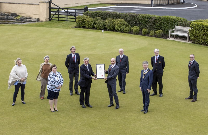 Pictured at Royal Portrush Golf which received the Freedom of the Borough from Causeway Coast and Glens Borough Council on Friday 21st May 2021 are front (left-right), Mayoress Mrs Phyliss Fielding, David McCorkell, Lord Lieutenant for County Antrim, Dr Ian Kerr, Captain and the Mayor of Causeway Coast and Glens Borough Council Alderman Mark Fielding. Back row (left-right), Nicky Smith, Captain of the Ladies branch, Kath Stewart-Moore, President of the Ladies branch, Robert Barry, immediate past Captain, David McMullan, Honorary Secretary, Sir Richard McLaughlin, President and John Lawlor General Manager.