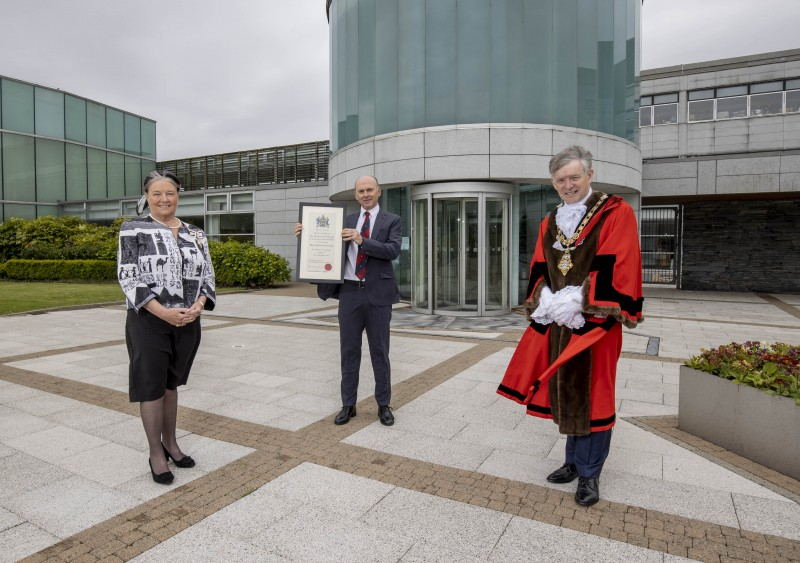 Dr Ian Kerr, Captain of Royal Portrush Golf Club, pictured with the Deputy Lieutenant for County Londonderry, Mrs Lorraine Young, and the Mayor of Causeway Coast and Glens Borough Council Alderman Mark Fielding following the Freedom of the Borough ceremony held in Cloonavin on Friday 21st May 2021.