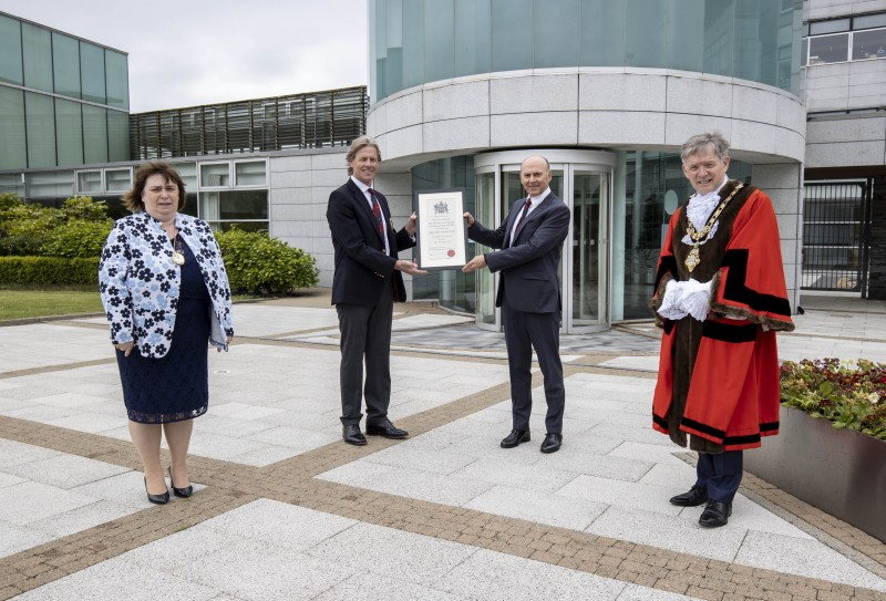 Robert Barry, immediate past Captain and Dr Ian Kerr, Captain of Royal Portrush Golf Club, pictured with the Mayor of Causeway Coast and Glens Borough Council Alderman Mark Fielding and Mayoress Mrs Phyliss Fielding, following the Freedom of the Borough ceremony held in Cloonavin on Friday 21st May 2021.
