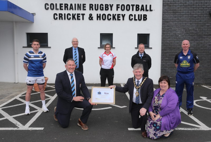 The Mayor of Causeway Coast and Glens Borough Council Alderman Mark Fielding and Mayoress Mrs Phyliss Fielding present a framed certificate to Andrew Hutchinson, President of Coleraine Rugby Football, Cricket and Hockey Club, to mark the club’s centenary along with Matt Smyth, Brian Reid, Gerry Lafferty, Susan Humphrey and Stephen McCartney.