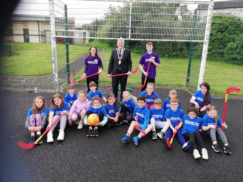 Mayor Richard Holmes meets with sports coashes and youth on the first day of the summer scheme at Coleraine West Community Centre