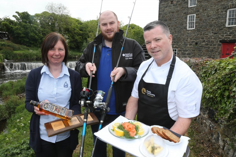 Alan McCurry from Salmon Fisheries pictured with Joanna Morrow from Bushmills Distillery and Chef Gary Stewart from Tartine Restaurant at the launch of this year’s Bushmills Salmon and Whiskey Festival which takes place from June 7th – June 9th.
