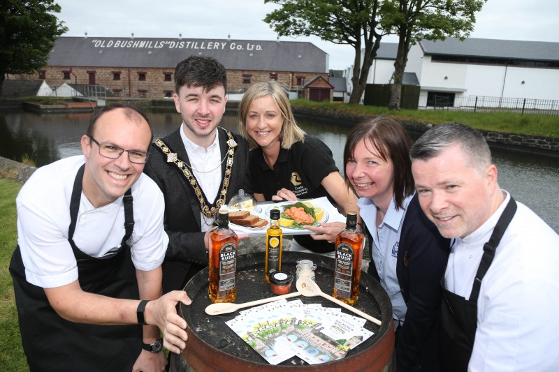 The Mayor of Causeway Coast and Glens Borough Council Councillor Sean Bateson is joined by celebrity chef Ian Orr from Browns Bonds Hill Group, Sharon Scott from Taste Causeway, Joanna Morrow from Bushmills Distillery and Gary Stewart from Tartine Restaurant for the launch of Bushmills Salmon and Whiskey Festival which takes place from June 7th – June 9th.