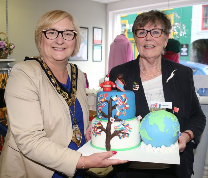 The Mayor of Causeway Coast and Glens Borough Council, Councillor Brenda Chivers pictured with Ellen Mc Keown as they celebrated World International Day of Peace at the Save the Children shop in Ballycastle.