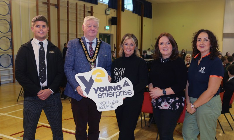 Mayor of Causeway Coast and Glens, Councillor Steven Callaghan alongside Luke Smyth from Browns Funeral Directors Limavady, Donna McLaughlin from The Corner Bar and Market Yard Restaurant Limavady, Joanne McLaughlin from the Business Development Team at Causeway Coast and Glens Borough Council and  Sharon Barrett the NW Area Manager.