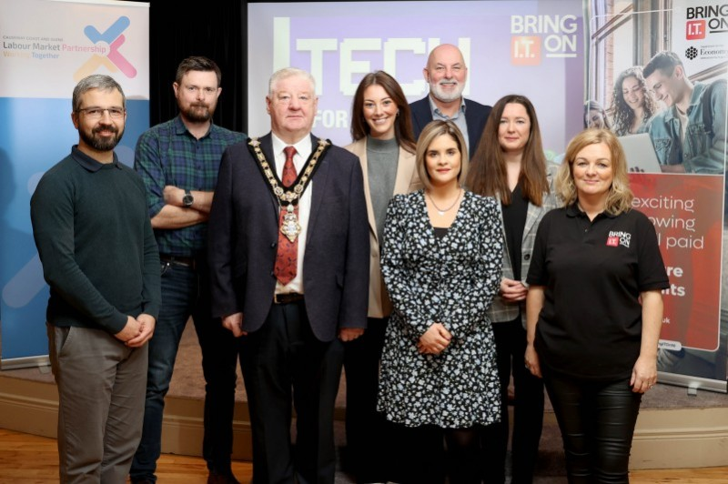 (l-r) Pictured at the ‘Tech for the Future’ event are Alan Stirling, Alderhill Digital; Jim Campbell, Covernet; Mayor of Causeway Coast and Glens, Councillor Steven Callaghan; Francesca Morelli, VAVA Influence; Helen McGonigle, NWRC; Marc McGerty, Labour Market Partnership Manager; Jennifer Liston, NWRC and Lisa McCaul, Bring IT On.