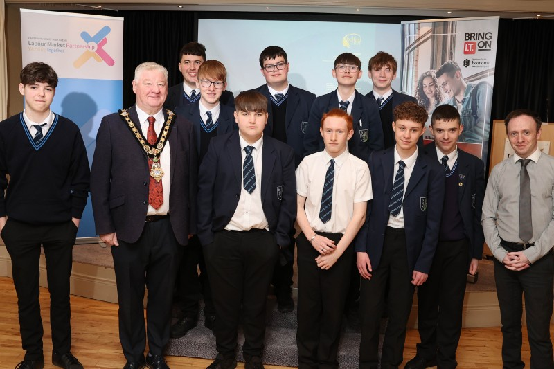 Mayor of Causeway Coast and Glens, Councillor Steven Callaghan with staff and students from Ballymoney High School.