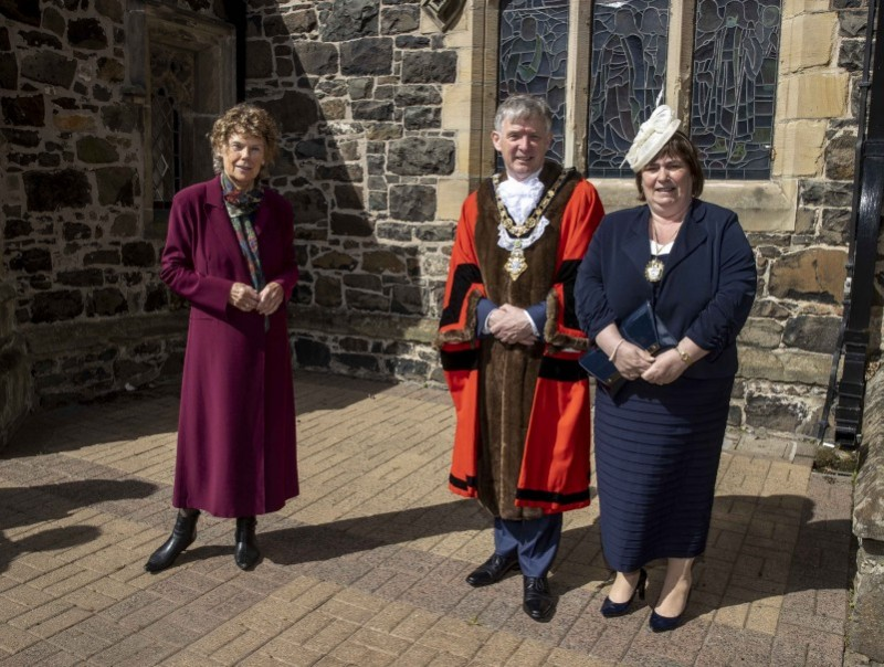 Baroness Kate Hoey pictured with the Mayor of Causeway Coast and Glens Borough Council Alderman Mark Fielding and Mayoress Mrs Phyllis Fielding at St Patrick’s Parish Church in Coleraine for a Service of Commemoration, Thanksgiving and Reflection to mark the Centenary of Northern Ireland.