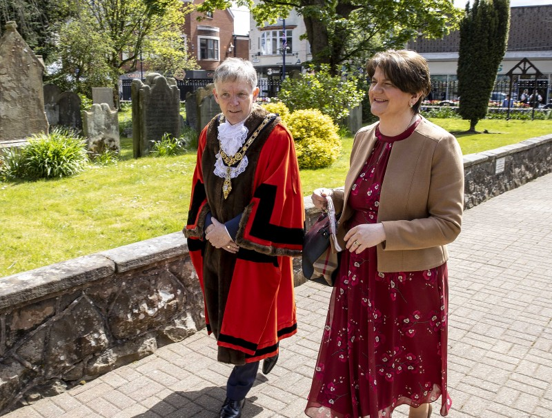 The Mayor of Causeway Coast and Glens Borough Council Alderman Mark Fielding welcomes First Minister Rt Hon Arlene Foster MLA to the Service of Commemoration, Thanksgiving and Reflection to mark the Centenary of Northern Ireland held at St Patrick’s Parish Church on Sunday 2nd May 2021.