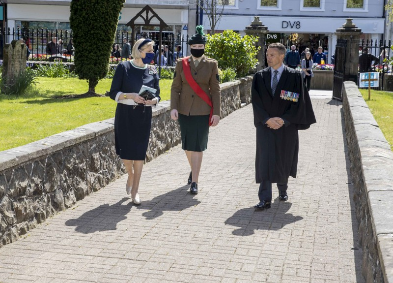 Mrs Alison Millar, Lord-Lieutenant of County Londonderry, arrives at St Patrick’s Parish Church in Coleraine for Causeway Coast and Glens Borough Council’s Service of Commemoration, Thanksgiving and Reflection to mark the Centenary of Northern Ireland with cadet, Sabrina Pickering, and Council Chief Executive David Jackson.