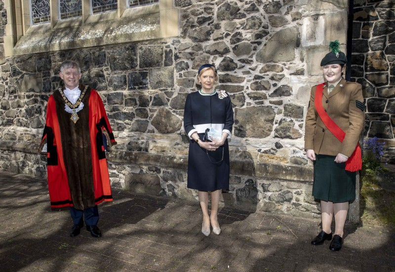 Mrs Alison Millar, Lord-Lieutenant of County Londonderry pictured at St Patrick’s Parish Church in Coleraine for Causeway Coast and Glens Borough Council’s Service of Commemoration, Thanksgiving and Reflection to mark the Centenary of Northern Ireland with the Mayor, Alderman Mark Fielding, and cadet, Sabrina Pickering.