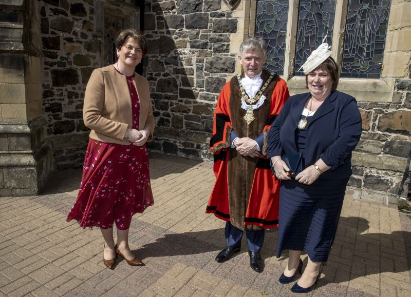 The Mayor of Causeway Coast and Glens Borough Council Alderman Mark Fielding and Mayoress Mrs Phyliss Fielding pictured with First Minister Rt Hon Arlene Foster MLA at the Service of Commemoration, Thanksgiving and Reflection to mark the Centenary of Northern Ireland held at St Patrick’s Parish Church on Sunday 2nd May 2021.