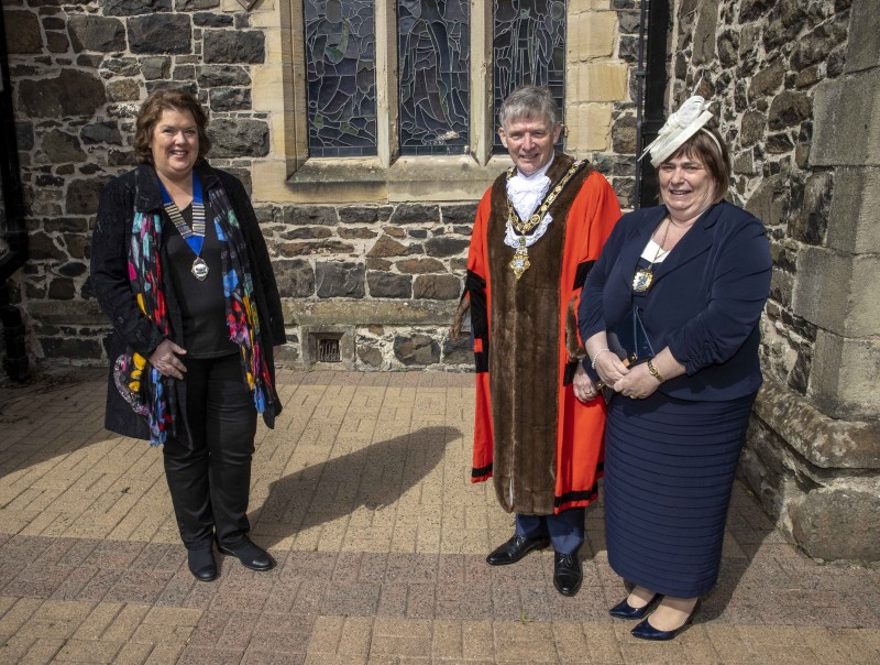 High Sheriff of County Londonderry Paula McIntyre pictured with the Mayor of Causeway Coast and Glens Borough Council Alderman Mark Fielding and Mayoress Mrs Phyliss Fielding at the Service of Commemoration, Thanksgiving and Reflection to mark the Centenary of Northern Ireland held at St Patrick’s Parish Church on Sunday 2nd May 2021.