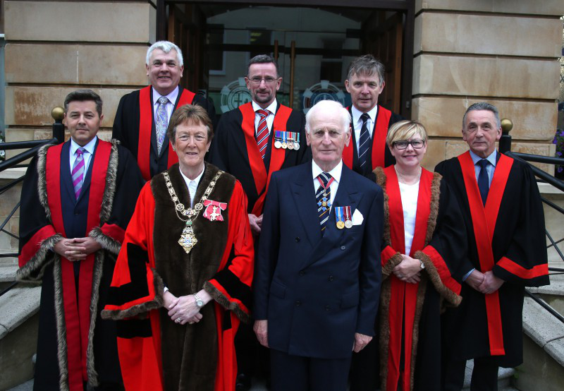 Members of Causeway Coast and Glens Borough Council pictured with Denis Desmond CBE, Lord Lieutenant for County Londonderry at Coleraine Town Hall on Saturday.