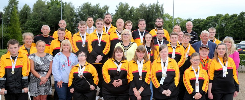The Mayor of Causeway Coast and Glens Borough Council Councillor Brenda Chivers pictured with the athletes from Causeway Coast Special Olympics Club, Coleraine Cougars, Ballymoney Special Olympics Club and Owls Special Olympics Club who participated in the Special Olympics in Dublin.