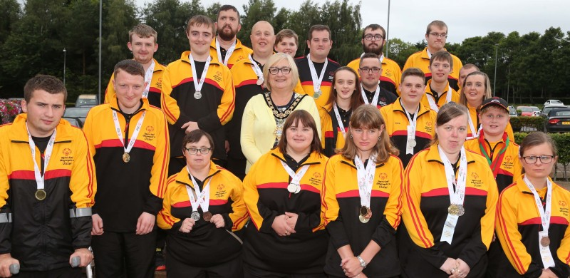 The Mayor of Causeway Coast and Glens Borough Council Councillor Brenda Chivers pictured with medal winners from the Special Olympic Games at a civic reception held in their honour.