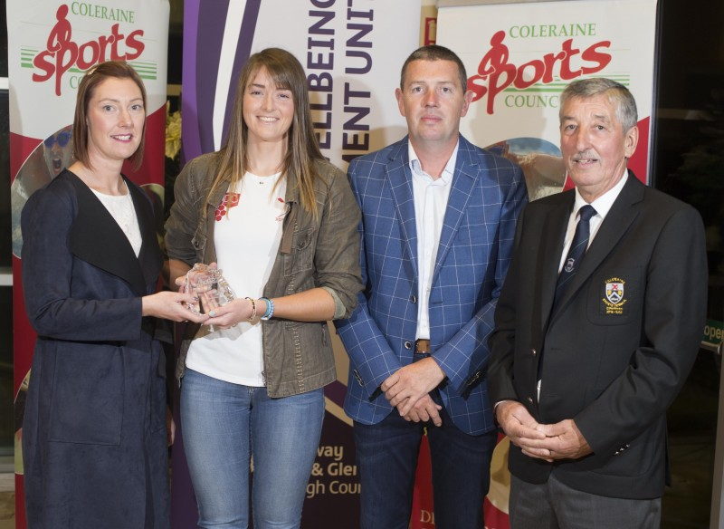 Tommy Smith, who has dedicated over 50 years to bowls in the Ballymoney area, receives his Services to Sport award from the Mayor of Causeway Coast and Glens Borough Council, Councillor Joan Baird OBE, compere Sarah Travers and Zoe Gage and Laura Loughridge from award sponsor Kennedy Orthodontics.