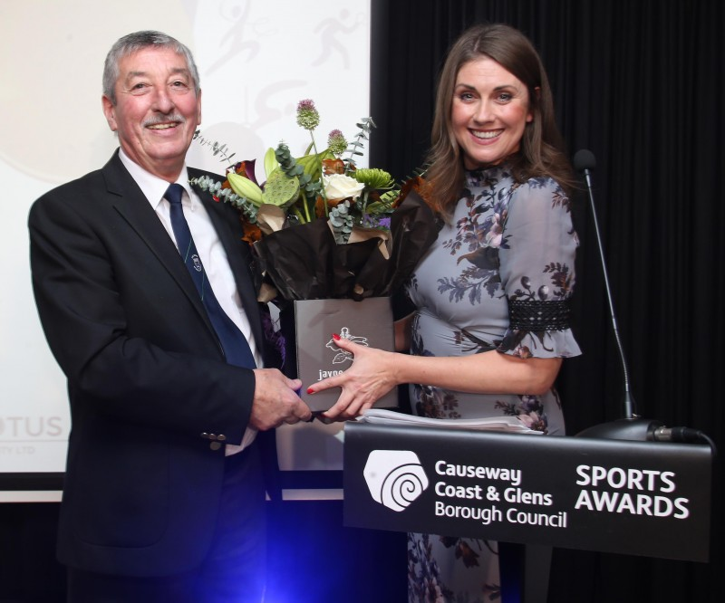 John Church presents a token of thanks to Master of Ceremonies Sarah Travers during Causeway Coast and Glens Borough Council’s Gala Sports Awards on Friday 1st November