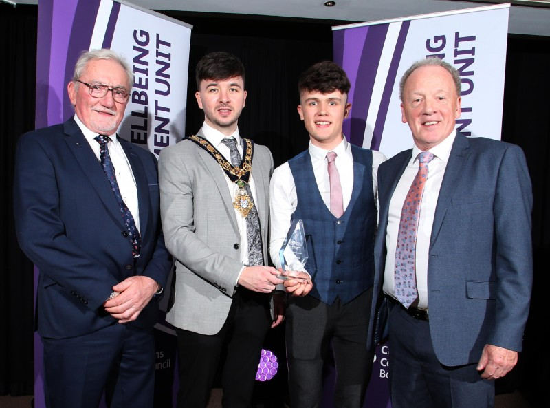 Kevin McCambridge (Cycling), winner of the Chairmen’s Award pictured with the Mayor of Causeway Coast and Glens Borough Council Councillor Sean Bateson, Master of Ceremonies Sarah Travers and Tom Christie and John Church representing local Sports Advisory Councils.