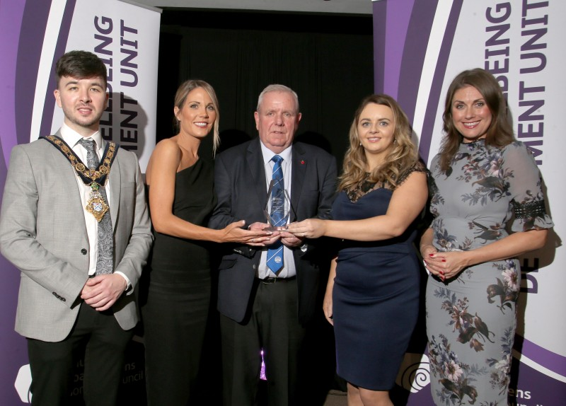 David Cunningham (Football), winner of the Services to Sport Award, pictured with the Mayor of Causeway Coast and Glens Borough Council Councillor Sean Bateson, Master of Ceremonies Sarah Travers and Laura Loughridge and Louise Henry representing award sponsor Kennedy Orthodontics.