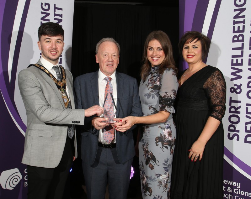 David Craig (Tennis), who won the Sports Administrator of the Year award, pictured with the Mayor of Causeway Coast and Glens Borough Council Councillor Sean Bateson, Master of Ceremonies Sarah Travers and Grace Fleming representing award sponsor Grafton Recruitment.