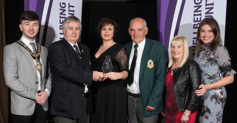 Representatives of Ballymoney Bowling Club, winners of the Senior Sports Team of the Year, pictured with the Mayor of Causeway Coast and Glens Borough Council Councillor Sean Bateson, Master of Ceremonies Sarah Travers and Grace Fleming representing award sponsor Grafton Recruitment.