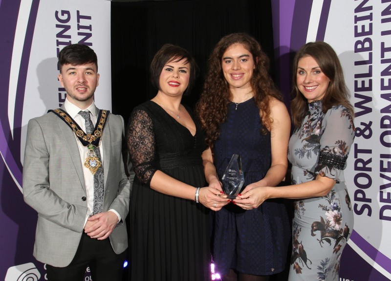 Junior Sportswoman of the Year Molly Curry (Rowing) pictured with the Mayor of Causeway Coast and Glens Borough Council Councillor Sean Bateson, Master of Ceremonies Sarah Travers and Grace Fleming representing award sponsor Grafton Recruitment.