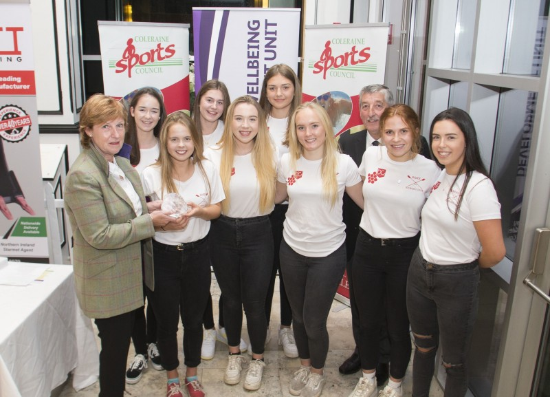 Bann Rowing Club Junior 8, winners of the Junior Sports team of the Year, pictured receiving their award from special guest Wilma Erskine and John Church, Chair of Coleraine Sports Council.