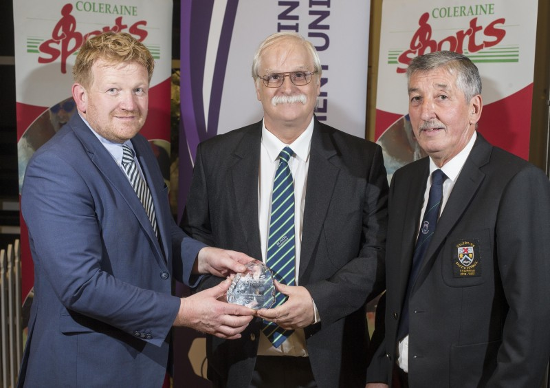 The Sports Administrator of the Year award went to Peter Cuckoo who is pictured receiving his award from Roy Dixon, Ford Coleraine and John Church, Chair of Coleraine Sports Council.