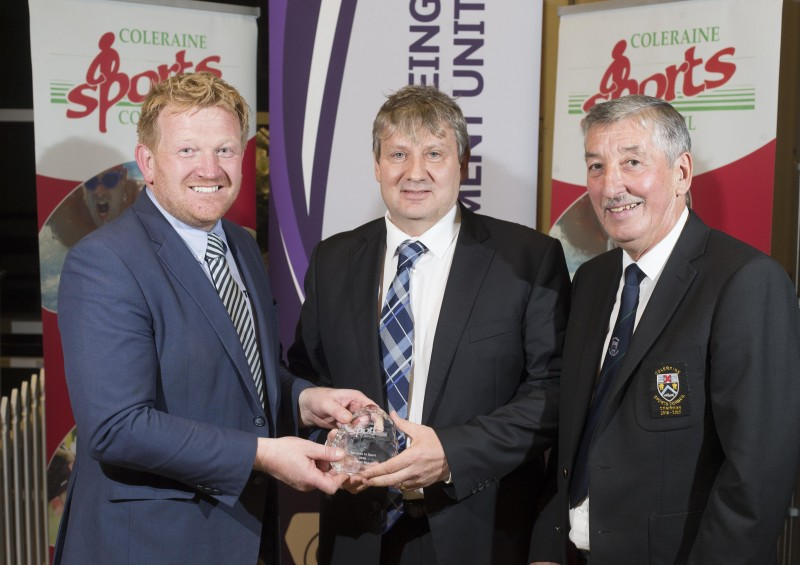 Stanleigh Murray was recognised for his Services to Sport and is pictured receiving his award from Roy Dixon, Ford Coleraine and John Church, Chair of Coleraine Sports Council.