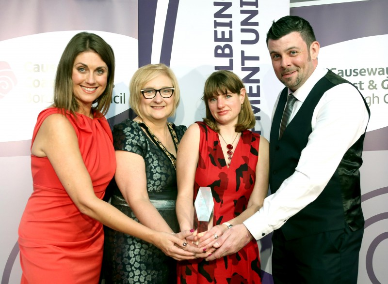 Winner of the Sportsperson with a Disability Catherine Parke pictured with the Mayor of Causeway Coast and Glens Borough Council Councillor Brenda Chivers, awards host Sarah Travers and Barry Dallat from sponsor Arbutus Catering.