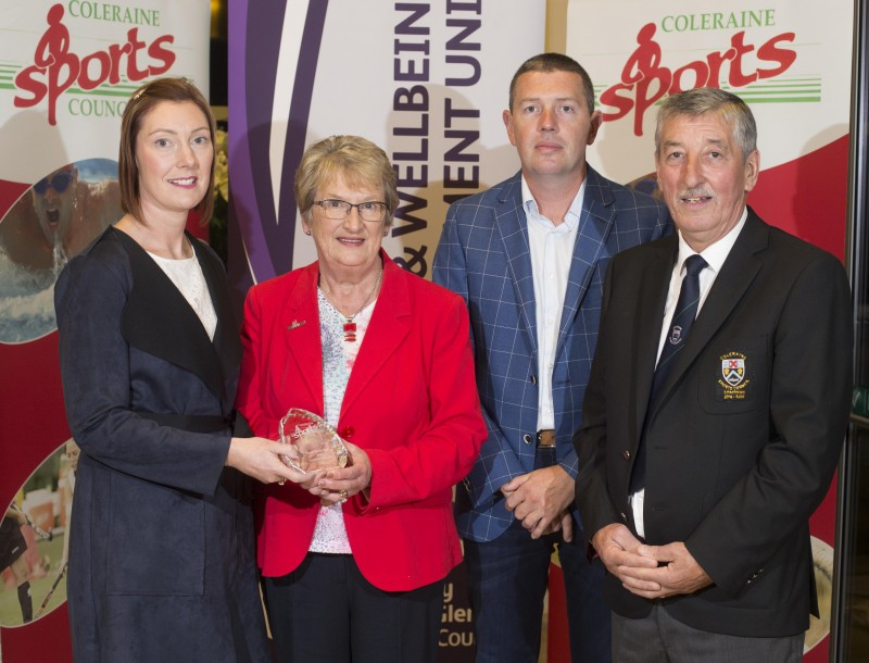 Representatives of Eoghan Rua Senior Gaelic Football Team, winners of Senior Team of the Year pictured with the Mayor of Causeway Coast and Glens Borough Council, Councillor Joan Baird OBE, compere Sarah Travers and Carol Noble and Alan Montgomery from award sponsor Grafton Recruitment.