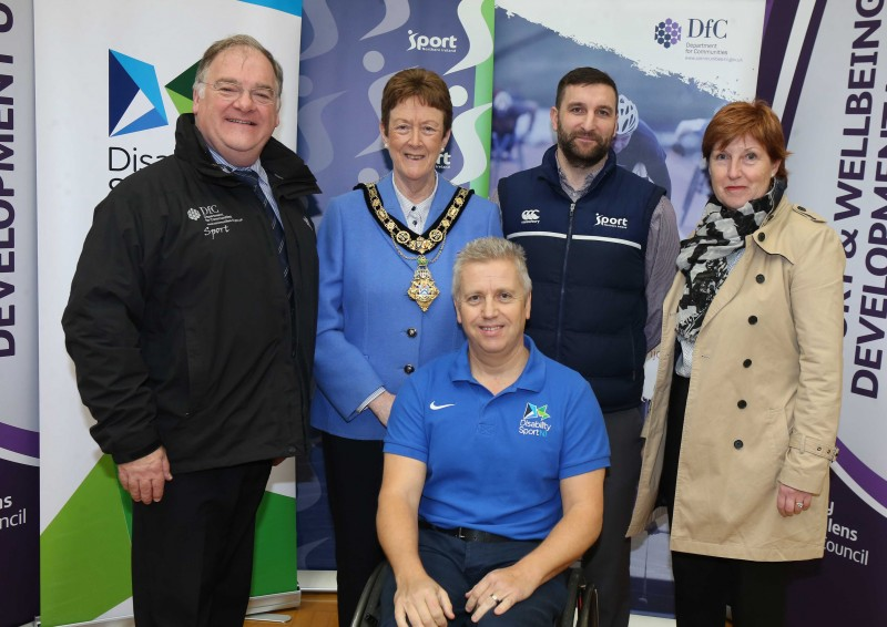 Aubrey Bingham from Disability Sport NI pictured with Robert Heyburn from Department for  Communities, the Mayor of Causeway Coast and Glens Borough Council, Councillor Joan Baird OBE, Conor Cunning from Sport NI and Wilma Erskine, Sport NI Board Member at the launch of the Disability Sports Hub held in Joey Dunlop Leisure Centre.