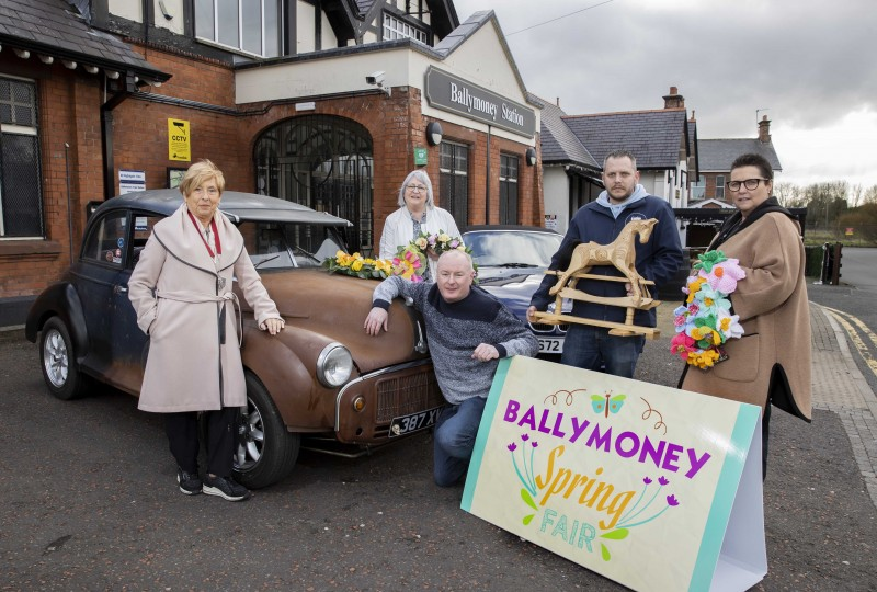 Pictured at Station Square for the launch of Ballymoney Spring Fair are Winnie Mellet, President of Ballymoney Chamber, Una Quinn from Winnifred Wreaths, Codie Murray, Secretary of FUSE FM, Alan Dean from Scenic Woodcraft and Louise Morrow from FUSE FM.