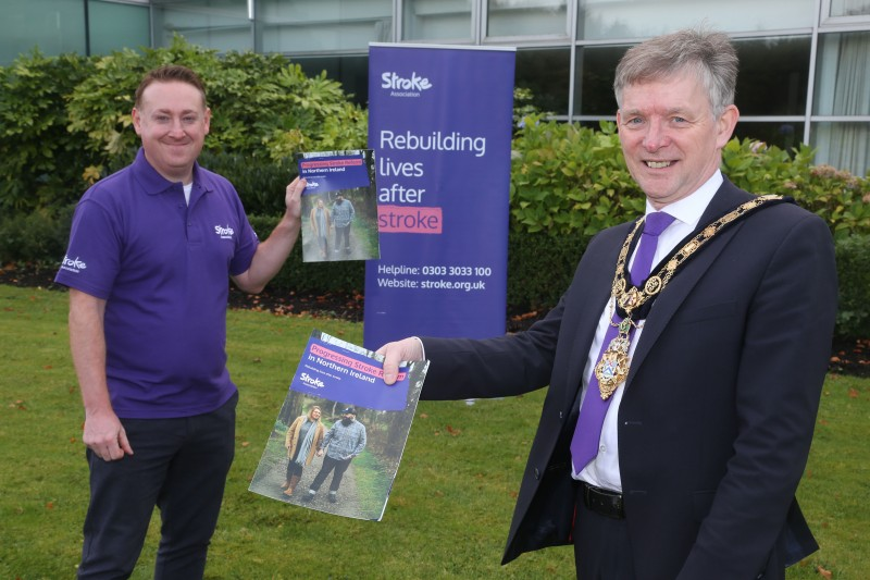 The Mayor of Causeway Coast and Glens Borough Council Alderman Mark Fielding was recently presented with a copy of the Stroke Association’s new manifesto  ‘Progressing Stroke Reform in Northern Ireland’, by Mark Dyer, the Stroke Association’s Volunteering and Community Manager.