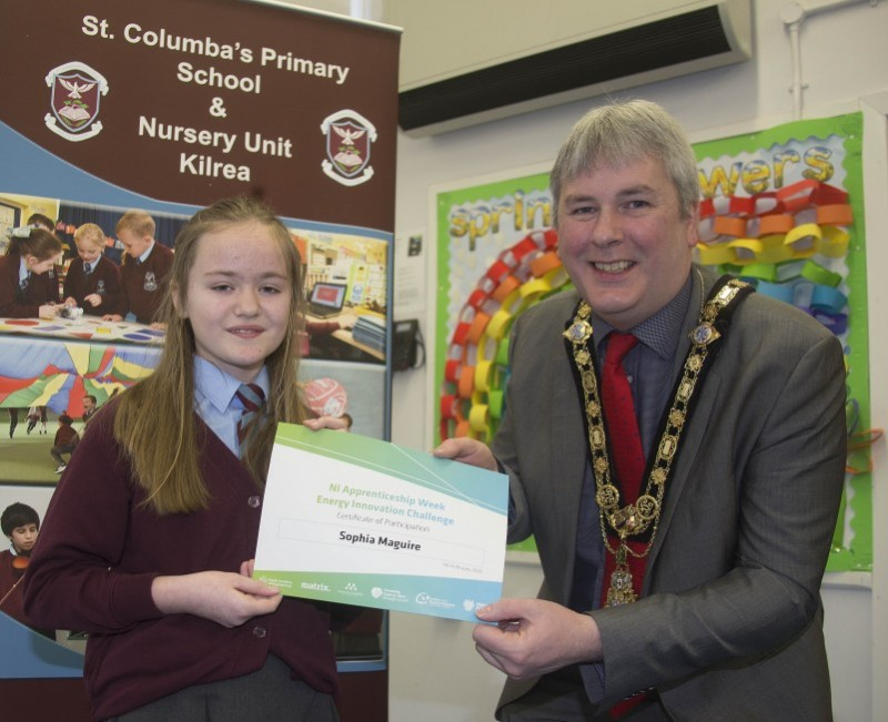 The Mayor of Causeway Coast and Glens Borough Council Councillor Richard Holmes pictured with Sophia Maguire who was the overall winner of the Energy Innovation Challenge.