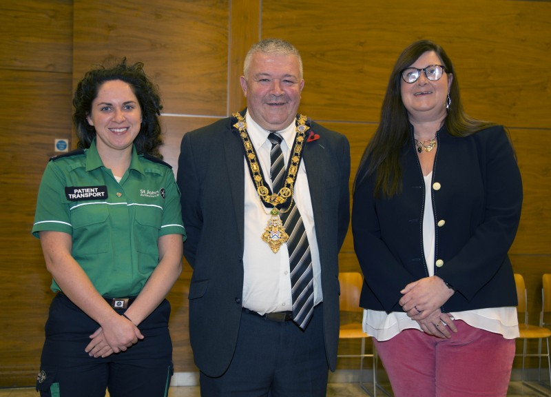 Heather Spence, St John Ambulance volunteer, pictured alongside the Mayor of Causeway Coast and Glens Borough Council, Councillor Ivor Wallace, and Jenni Hoy.