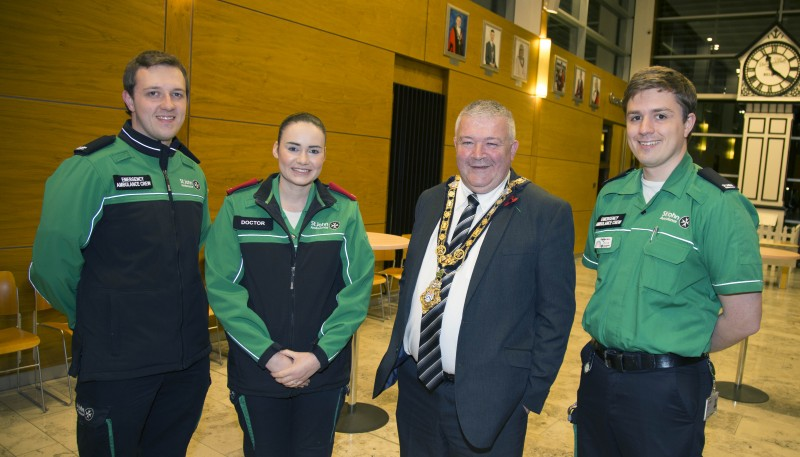 The Mayor of Causeway Coast and Glens Borough Council, Councillor Ivor Wallace pictured with Philip Paul, Amber Ashfield and Andrew Paul from St John Ambulance Coleraine Unit.