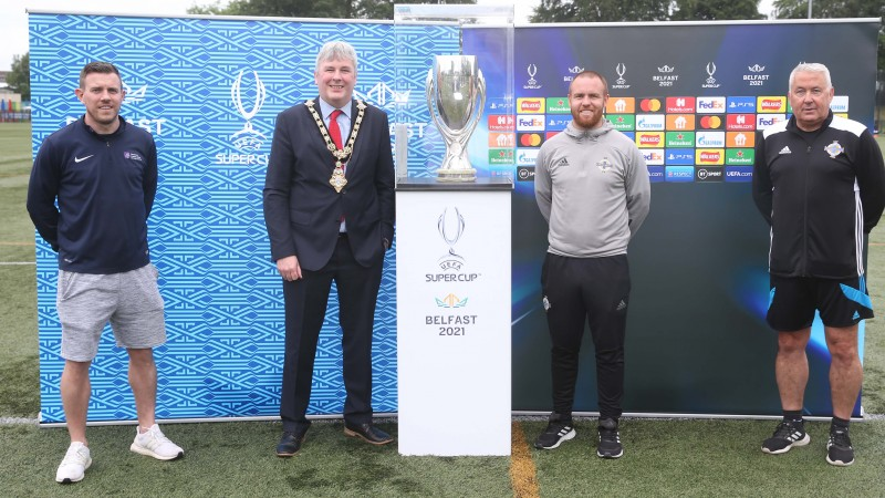 Jonny McFadden Causeway Coast and Glens Borough Council, Sports Development Manager, Mayor, Councillor Richard Holmes,  Ronan O’Donnell from the IFA and Ken Lowry from the NW Referee Association with the UEFA Super Cup at the football camp at Scroggy Road