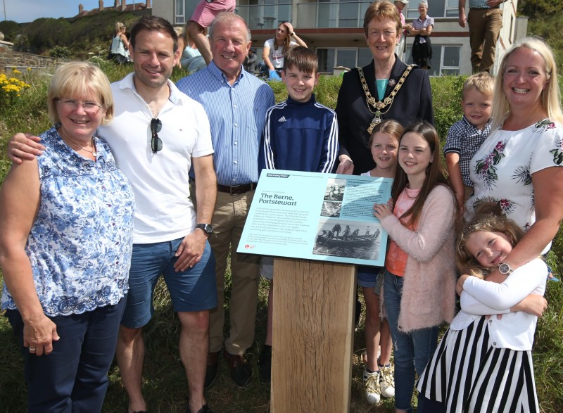 The Mayor of Causeway Coast and Glens Borough Council, Councillor Joan Baird OBE, pictured with Heather Clatworthy and members of her family - mum Carolyn Laverty, brother Chris, dad, Ian Holmes, nephew Thomas King, nieces Lucy and Olivia King and her children Lilly and Basil.